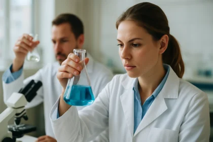 Két kémikus laboratóriumban dolgozik kémiai kísérleteken.