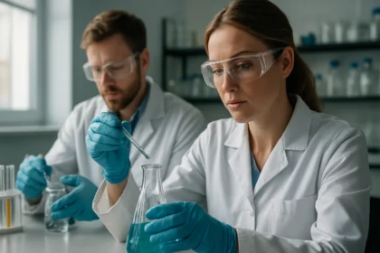 Két tudós laboratóriumban végzik a kémiai kísérleteiket.