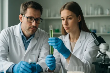 Két kémikus laboratóriumi környezetben, miközben egy zöld oldatot vizsgálnak.