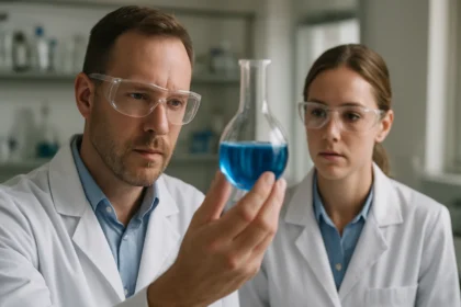 Két kutató laboratóriumban kémcsövek mögött kék folyadékkal