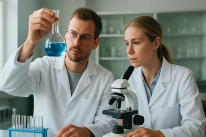 Két tudós laboratóriumi környezetben lenolajat vizsgálva.