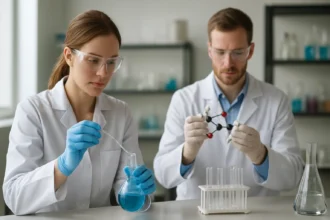 Tudósok laboratóriumban lenolaj és standolaj kutatása közben.