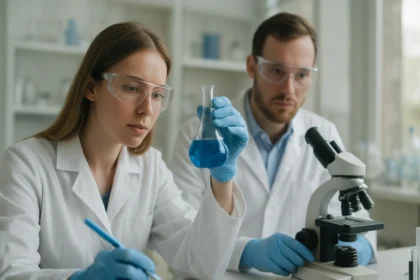 Kép egy laboratóriumban dolgozó tudósokról, leukovegyületek vizsgálata közben.