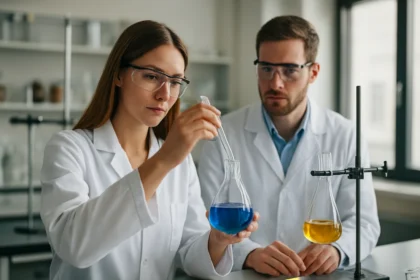 Két kémikus laboratóriumban kísérletezik, folyékony nitrogénnel és más vegyületekkel.