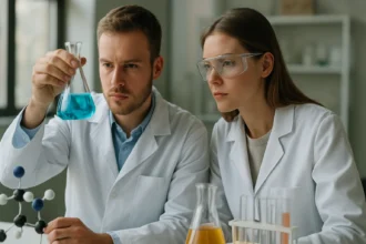 Kémikusok lézeres tömegspektrométer vizsgálata laboratóriumban.