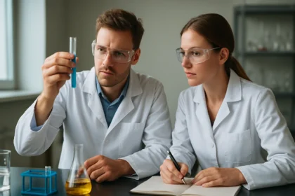 Két tudós laboratóriumban kémiai kísérletet folytat.