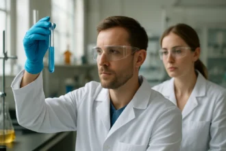 Két tudós kémiai kísérletet végez laboratóriumban.