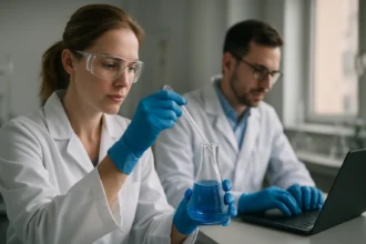 Kémiai kísérlet, ahol kaprolaktámot vizsgálnak