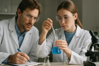 Két kutató laboratóriumi kísérlet közben, ligandum és kémiai reakciók