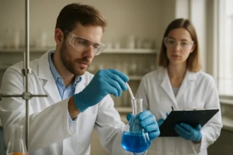 Két tudós laboratóriumban, kémiai kísérlet során