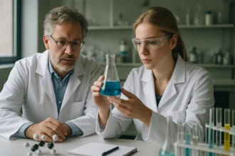 Két kutató a lítium-ion akkumulátor működésén dolgozik laboratóriumban.