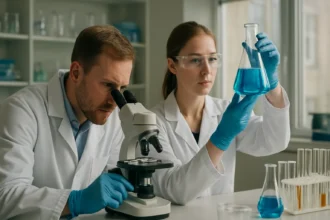 Két kutató laboratóriumi kísérletet végez, mikroszkóppal és kémcsővel.