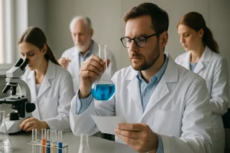 Kémiai laboratóriumi kutatók linalil-alkohollal foglalkoznak.