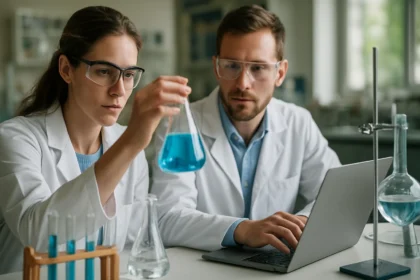 Két kutató laboratóriumban, kék folyadékkal végzik a kémiai kísérletet.