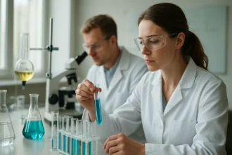 Kémiai laboratóriumban dolgozó kutatók, linalool vizsgálat