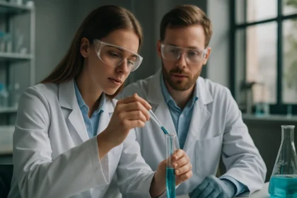 Két tudós kémiai kísérletet végez laboratóriumban.