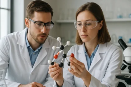 Két kutató furokumarin molekulákat elemez a laboratóriumban.