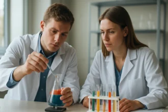 Két fiatal tudós laboratóriumi kísérletet végez