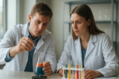 Két fiatal tudós laboratóriumi kísérletet végez