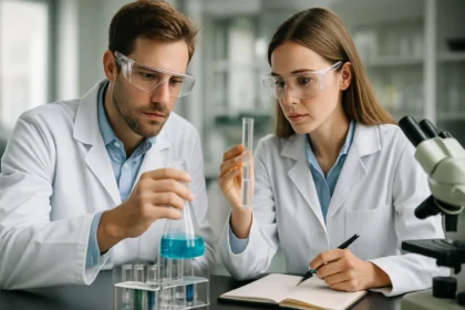 Két tudós lítiumionos kémiai vizsgálatot végez laboratóriumban