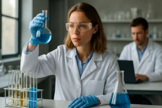 Laboratóriumi kísérlet során folyadékot vizsgáló nő