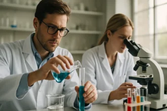 Két tudós laboratóriumi környezetben kémiai kísérleteket végez.