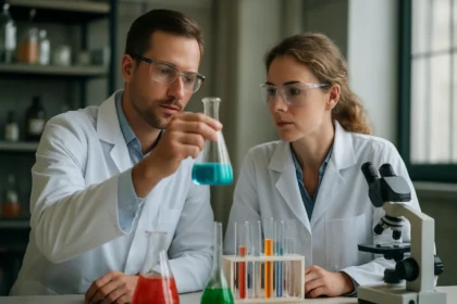 Két kutató laboratóriumban Lipowitz ötvözet kísérletezésével foglalkozik.