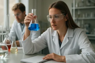 Laboratóriumi kutatás folyadékkristályos polimerek vizsgálatával.