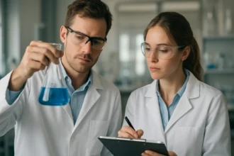 Két tudós laboratóriumban, kék folyadékkal teli lombikot vizsgálnak.