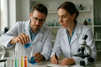 Két kémikus laboratóriumban dolgozik, kémiai kísérletet végeznek.