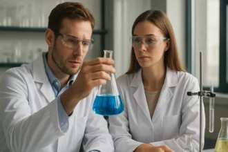 Két kutató laboratóriumban kék folyadékot vizsgálva.