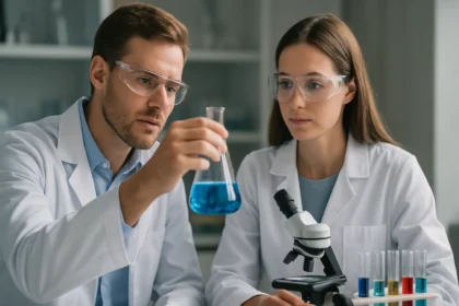 Két tudós laboratóriumban lítium tulajdonságait vizsgálja.