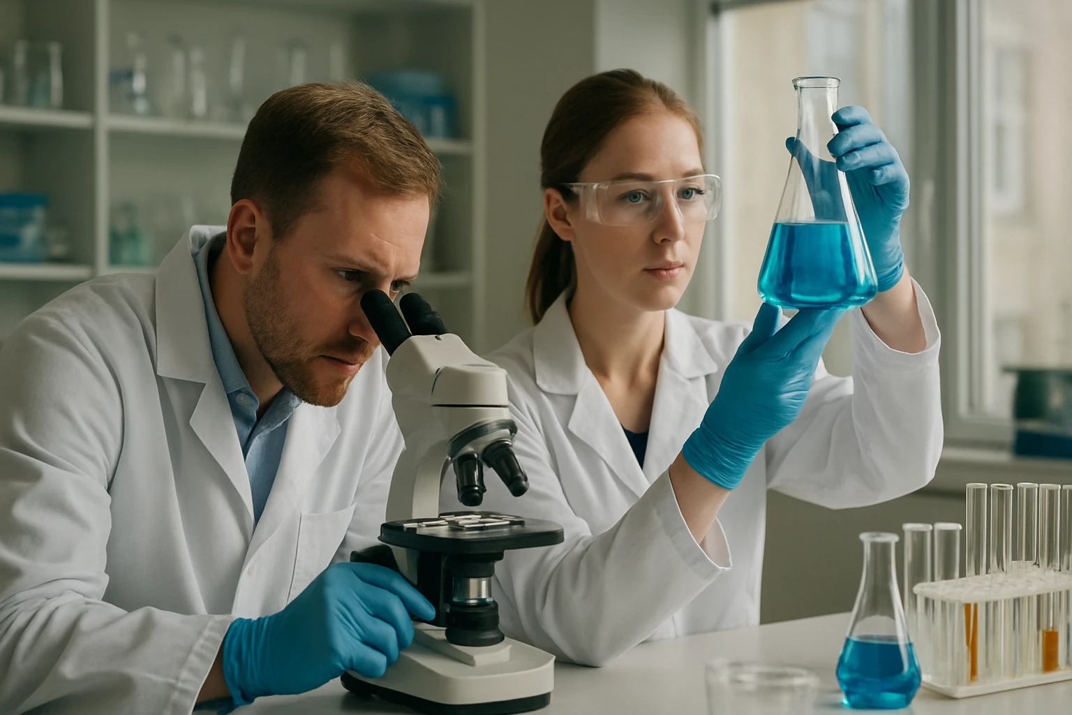 Két kutató laboratóriumi kísérletet végez, mikroszkóppal és kémcsővel.