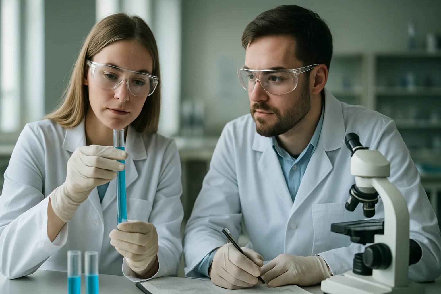 Két tudós laboratóriumban polietilén kémiai jellemzőit vizsgálja