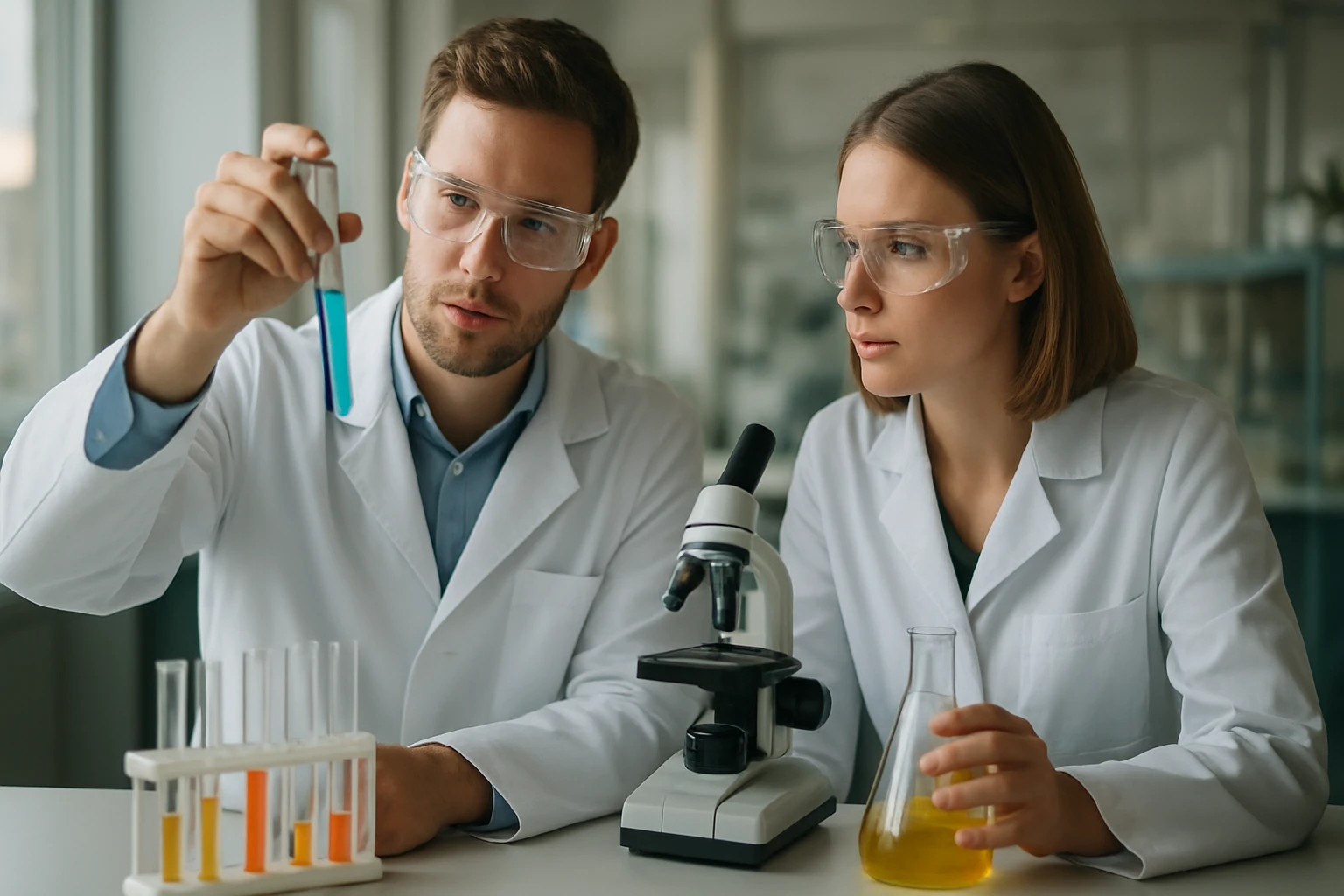 Két kémikus laboratóriumban dolgozik, különböző kémiai kísérletek során.