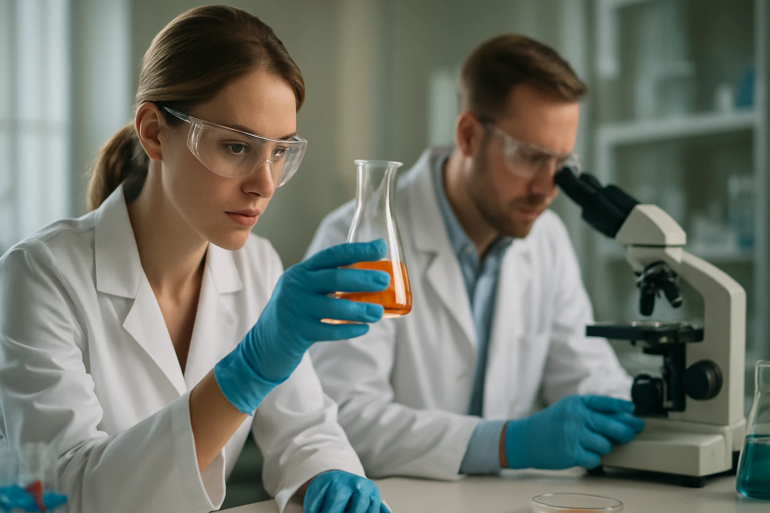 Kémiai szakemberek laboratóriumi kísérletezés közben