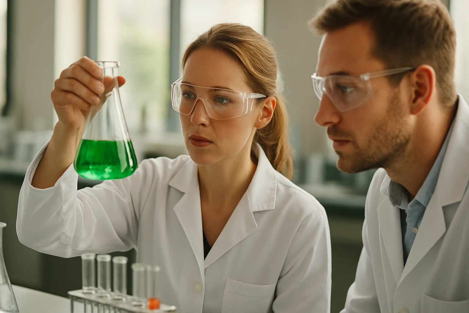Két kutató szorbinsav tesztelését végzi laboratóriumban