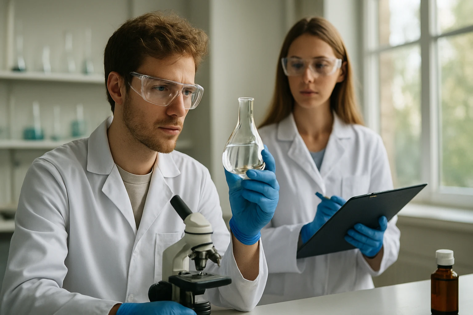 Két kutató laboratóriumi környezetben tejsav sóit vizsgálja.