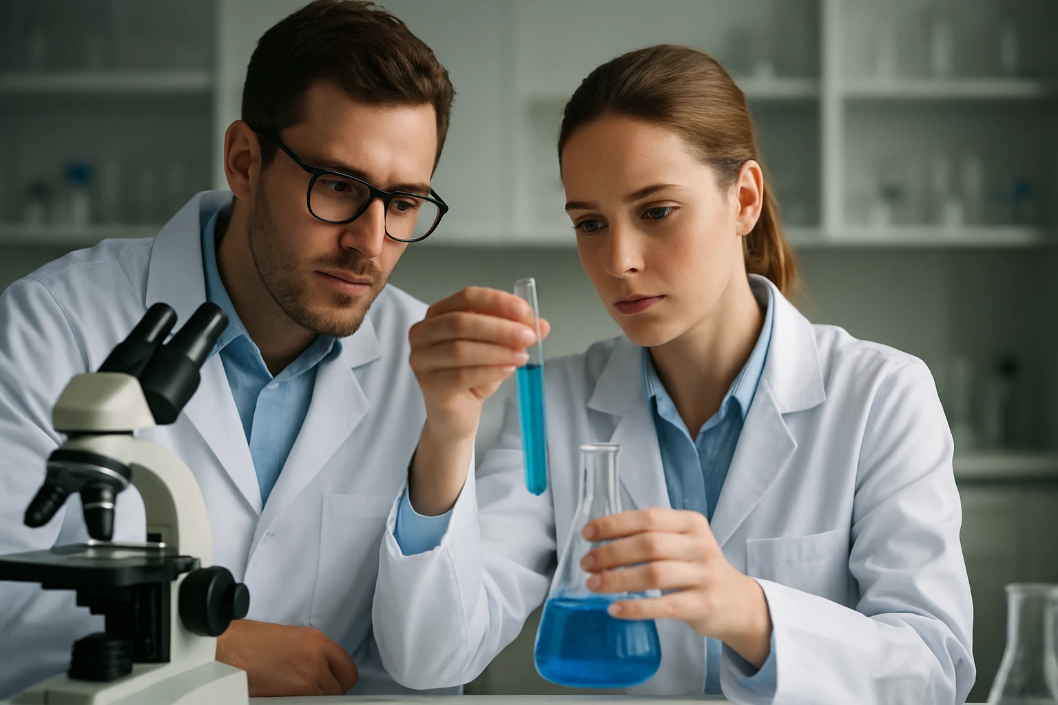 Két tudós laboratóriumjában kémiai kísérletezés közben