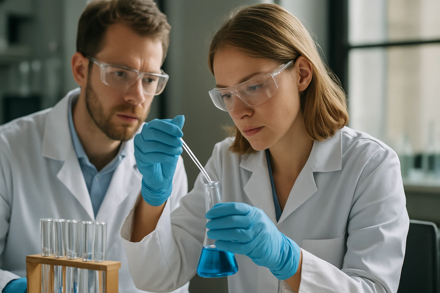 Két vegyész laboratóriumi kémiai kísérletet végez