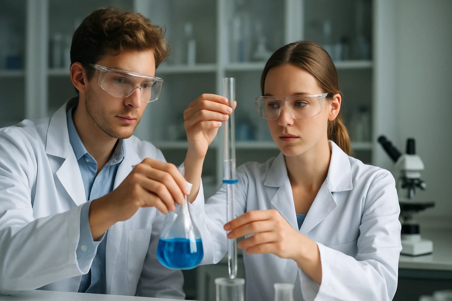 Két tudós laboratóriumban dolgozik vinil-kloriddal kapcsolatos kísérleten.