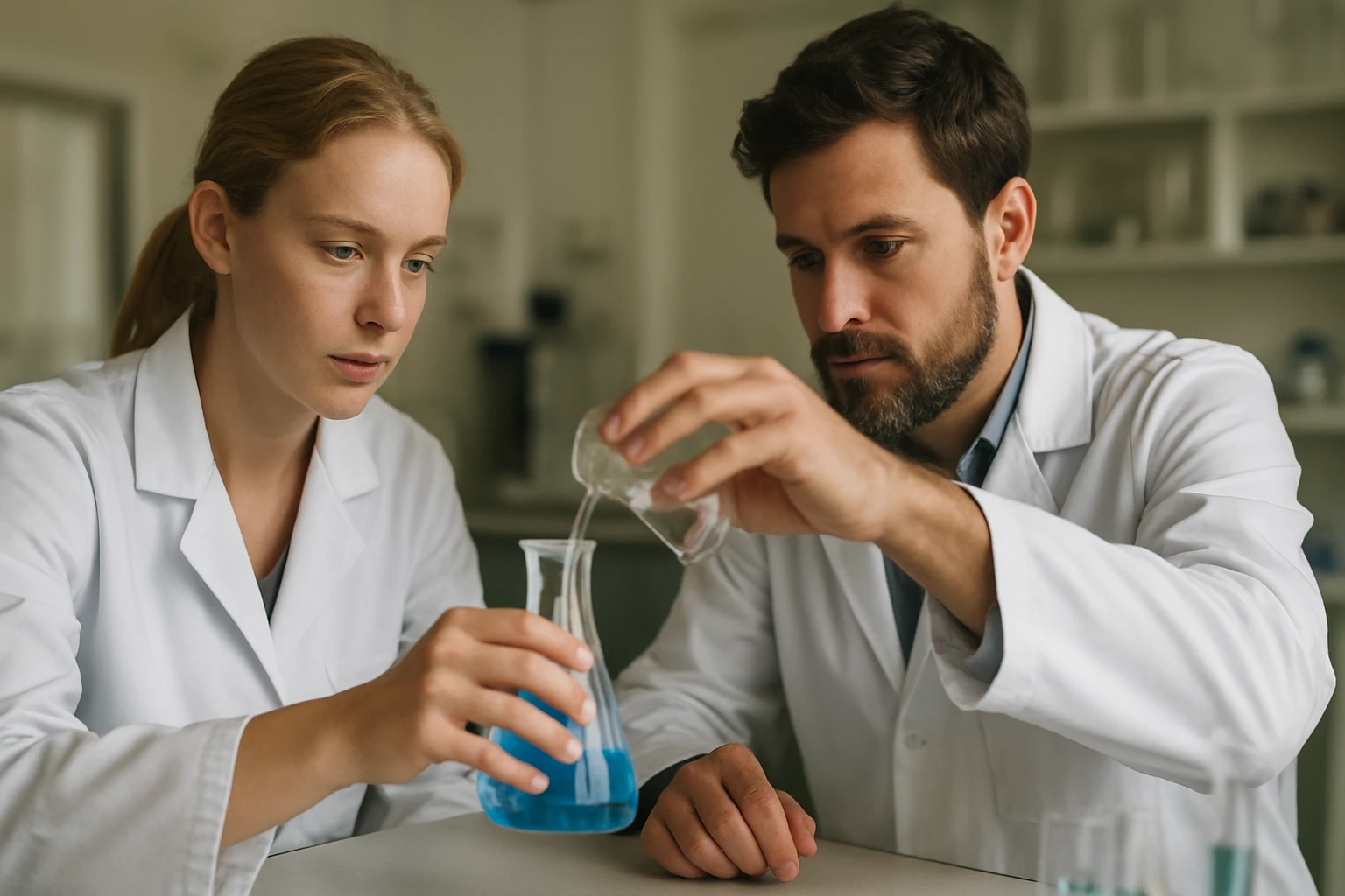 Két tudós kémiai kísérletet végez laboratóriumban.