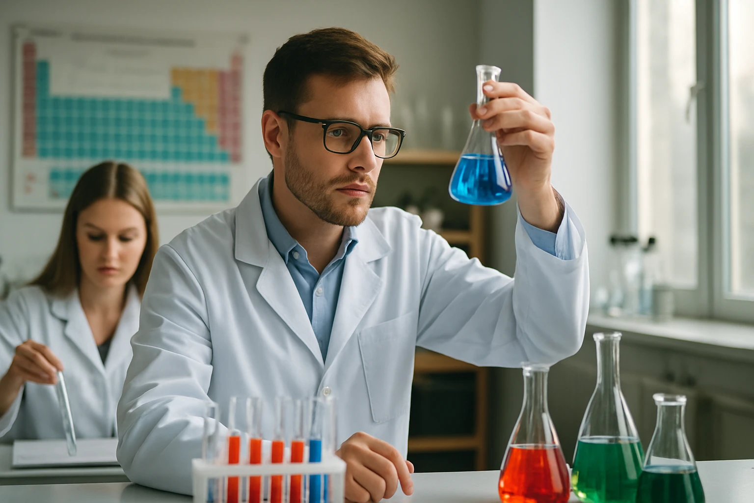 Kutatók kémiai laboratóriumban, nikotin kutatás.