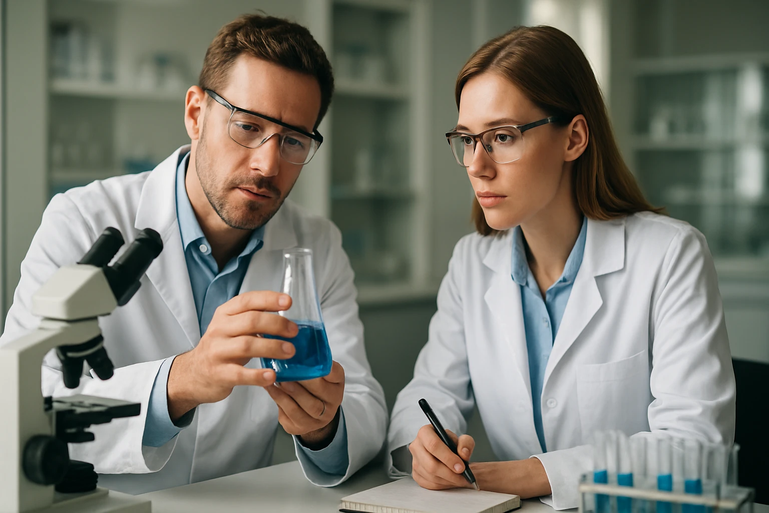 Két kutató laboratóriumban vizsgál egy kémiai vegyületet.