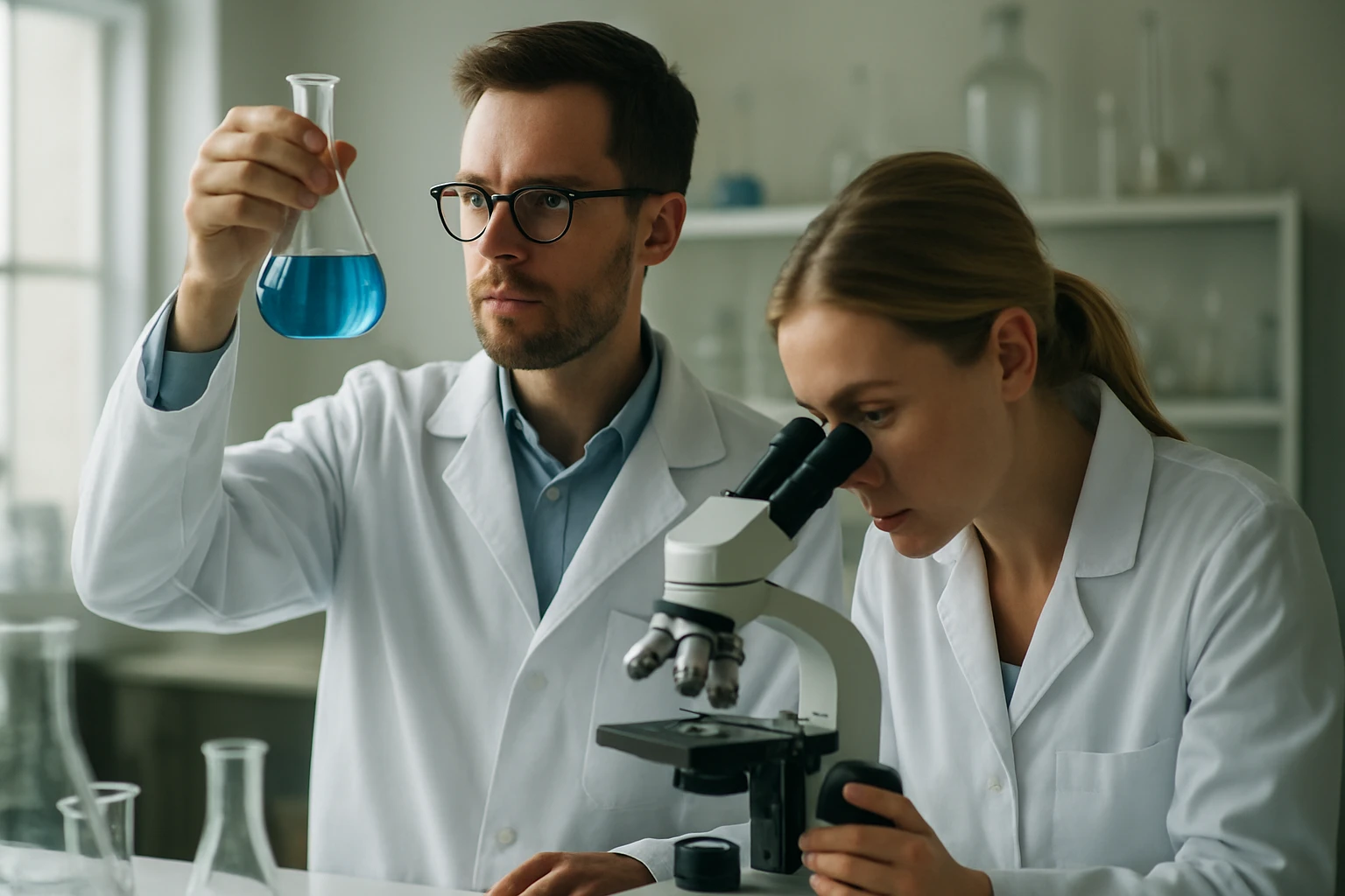 Két tudós laboratóriumban metakrilsavval foglalkozik.