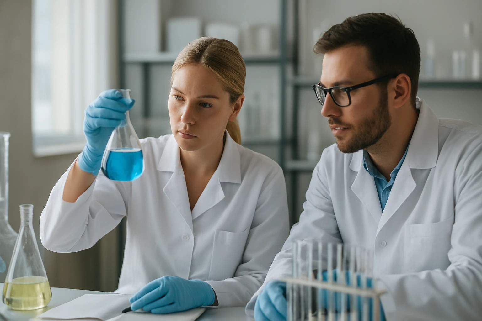 A 2-naftilcsoport szerkezete és megkülönböztetése az 1-naftilcsoporttól Két kutató naftilcsoport vizsgálatát végzi laboratóriumban.