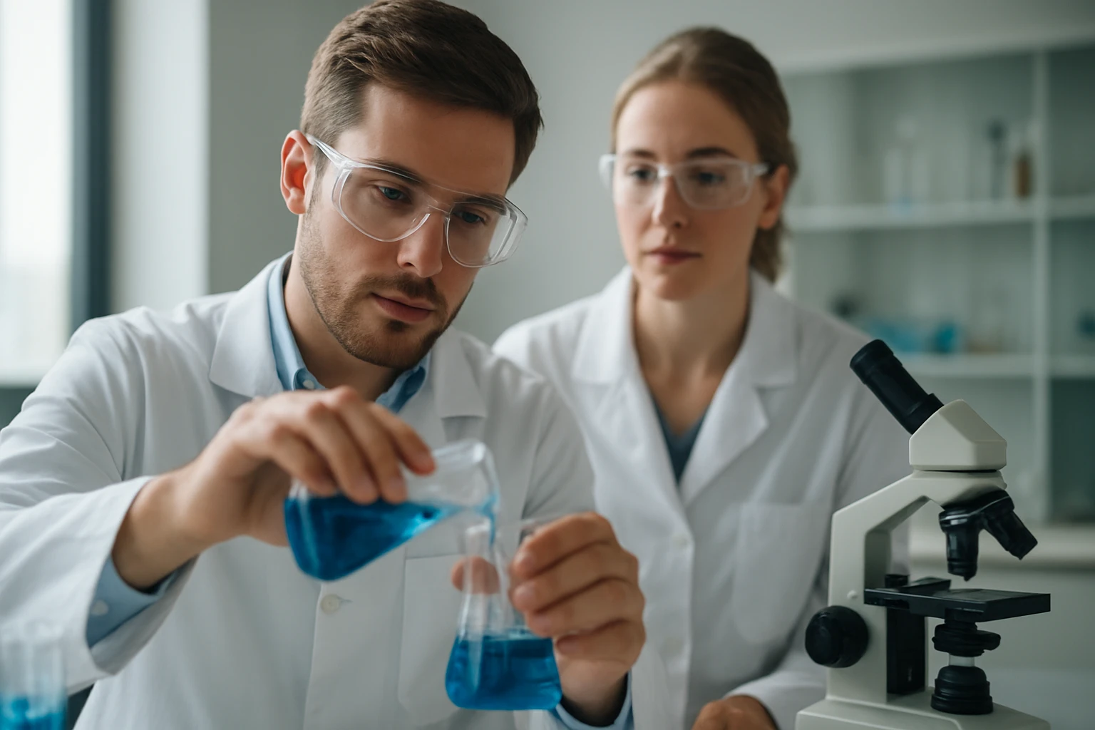 Két kutató laborban kémiai kísérletezés közben, zöld oldatokkal.