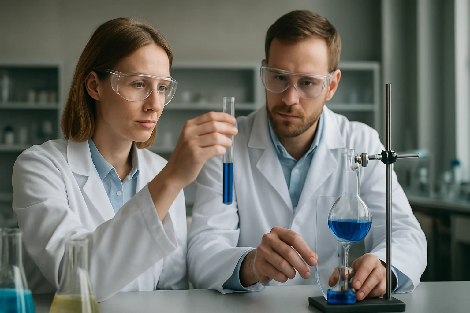 Két kutató kémiai kísérleteket végez egy laboratóriumban.