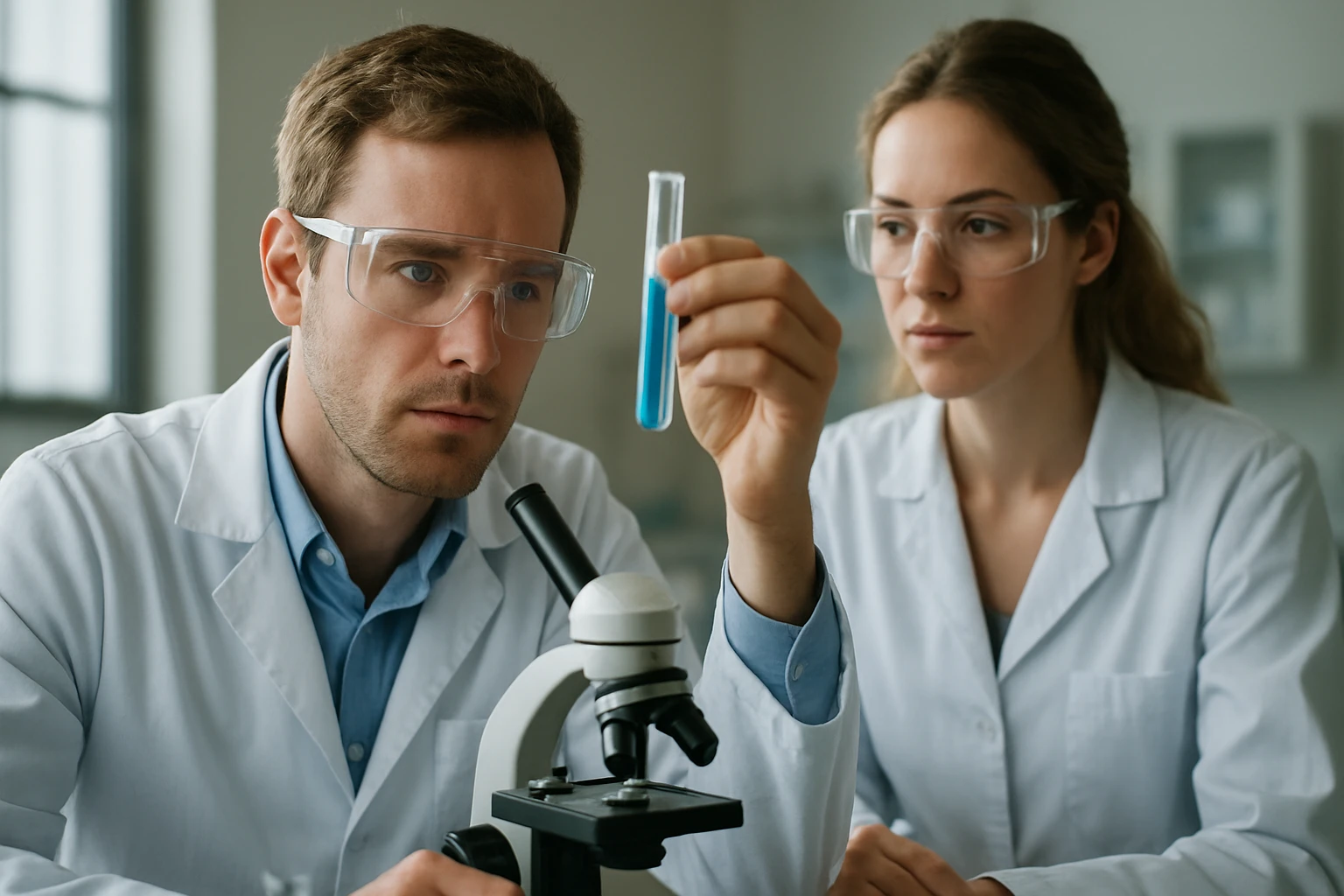 Laboratóriumi kémikusok kék folyadékkal teli kémcsővel, mikroszkópnál