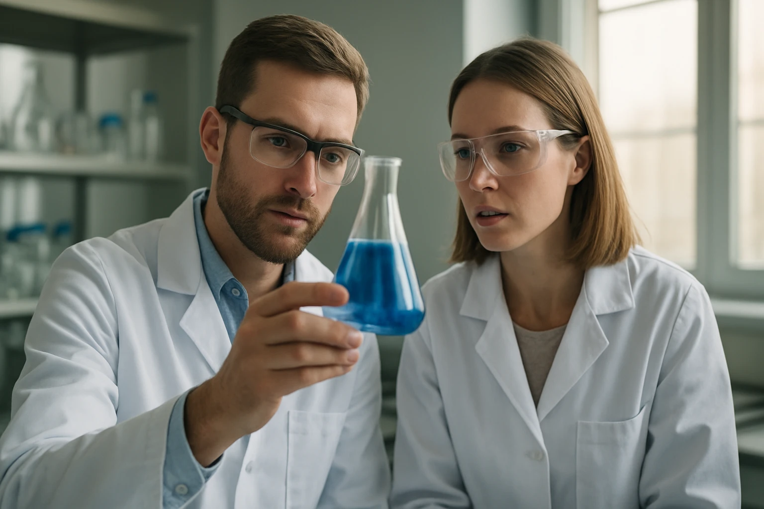 Két vegyész laboratóriumban egy kék oldatot vizsgálva